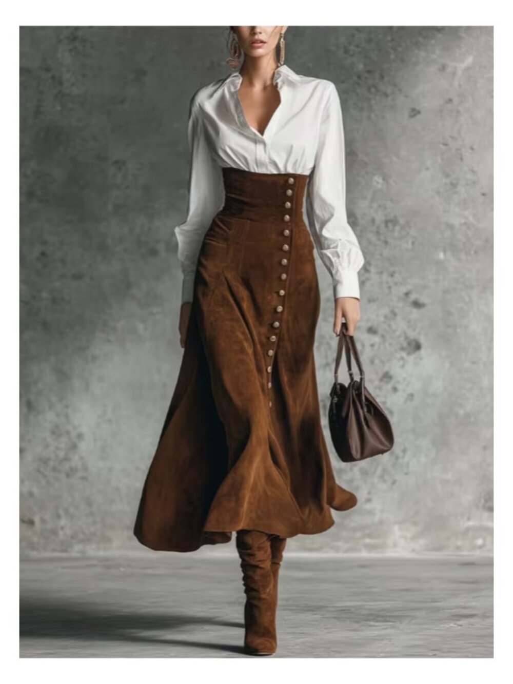 High-Waist Brown Suede Button-Front Maxi Skirt